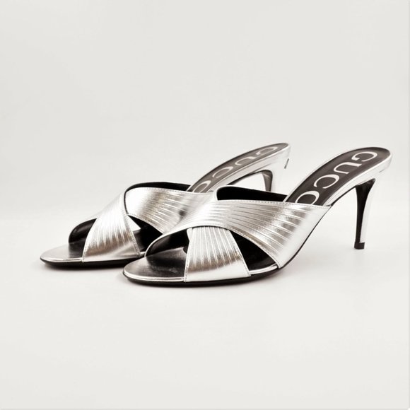 New In Box Gucci 80mm Metallic-Finish Leather Sandals In Women's Size EU 38.5 - Picture 2 of 15